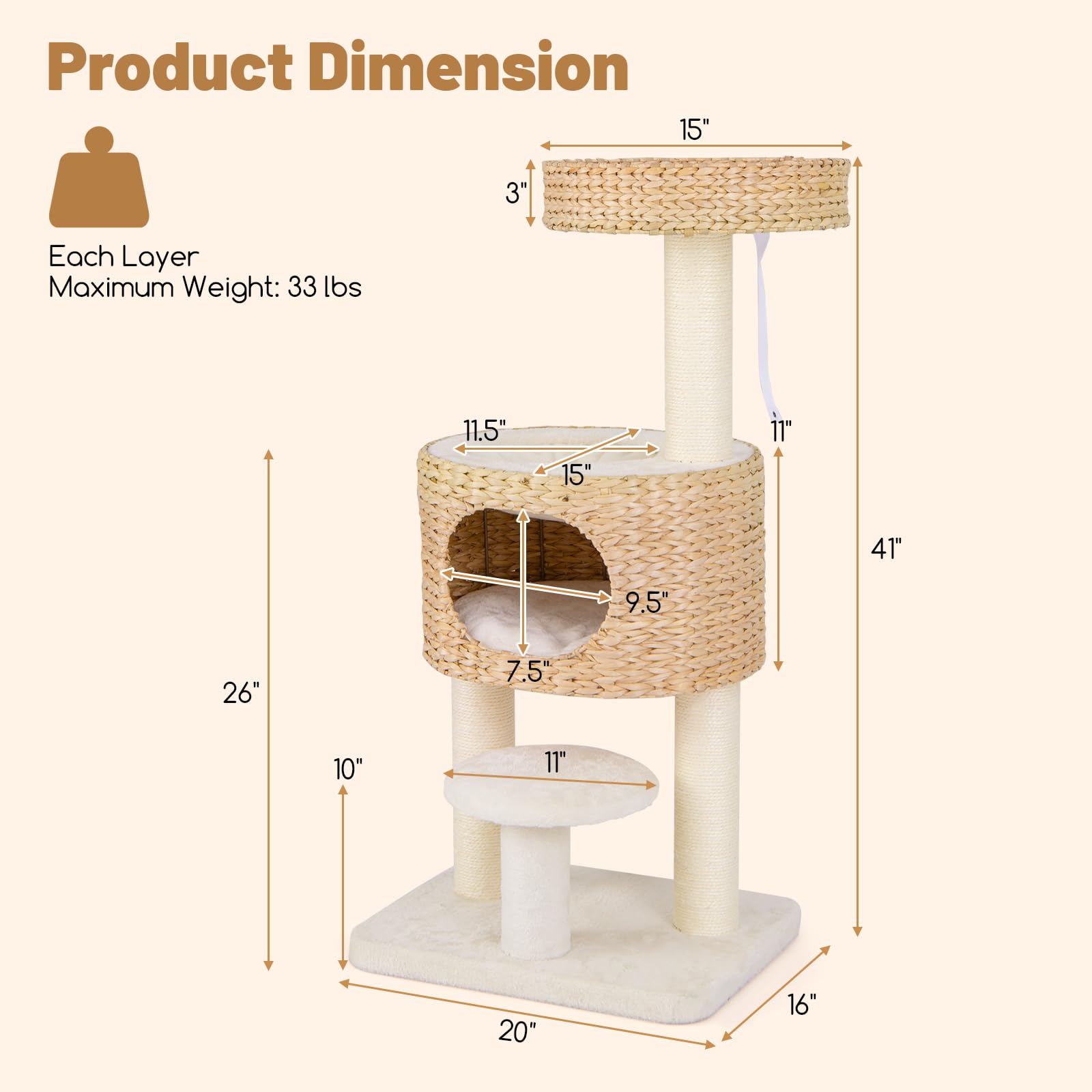 Tangkula Modern Cat Tree, 41 Inch Multi-Level Cat Tower With Cattail Fluff Condo & Top Perch, Hanging Toy, Bed, Removable Cushio